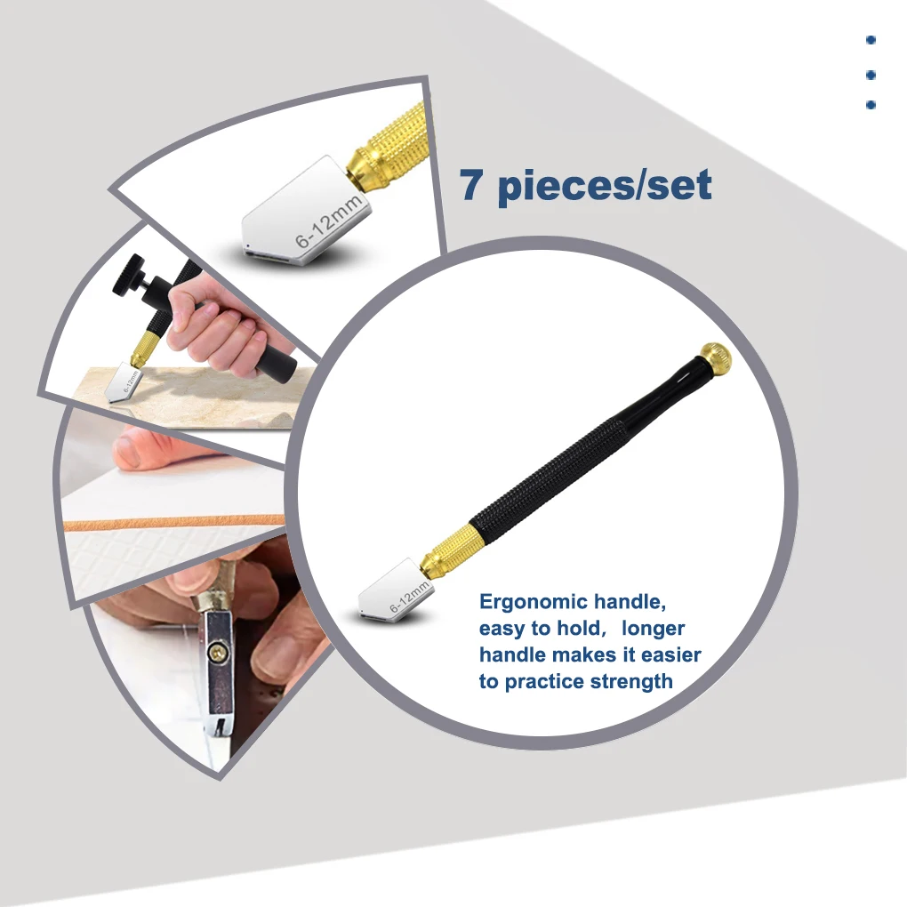 

Набор из 7 ножей для нарезки стекла, 6-12 мм, противоскользящее колесо, устройство для разрезания плитки, бытовые ручные инструменты с заменяемыми головками