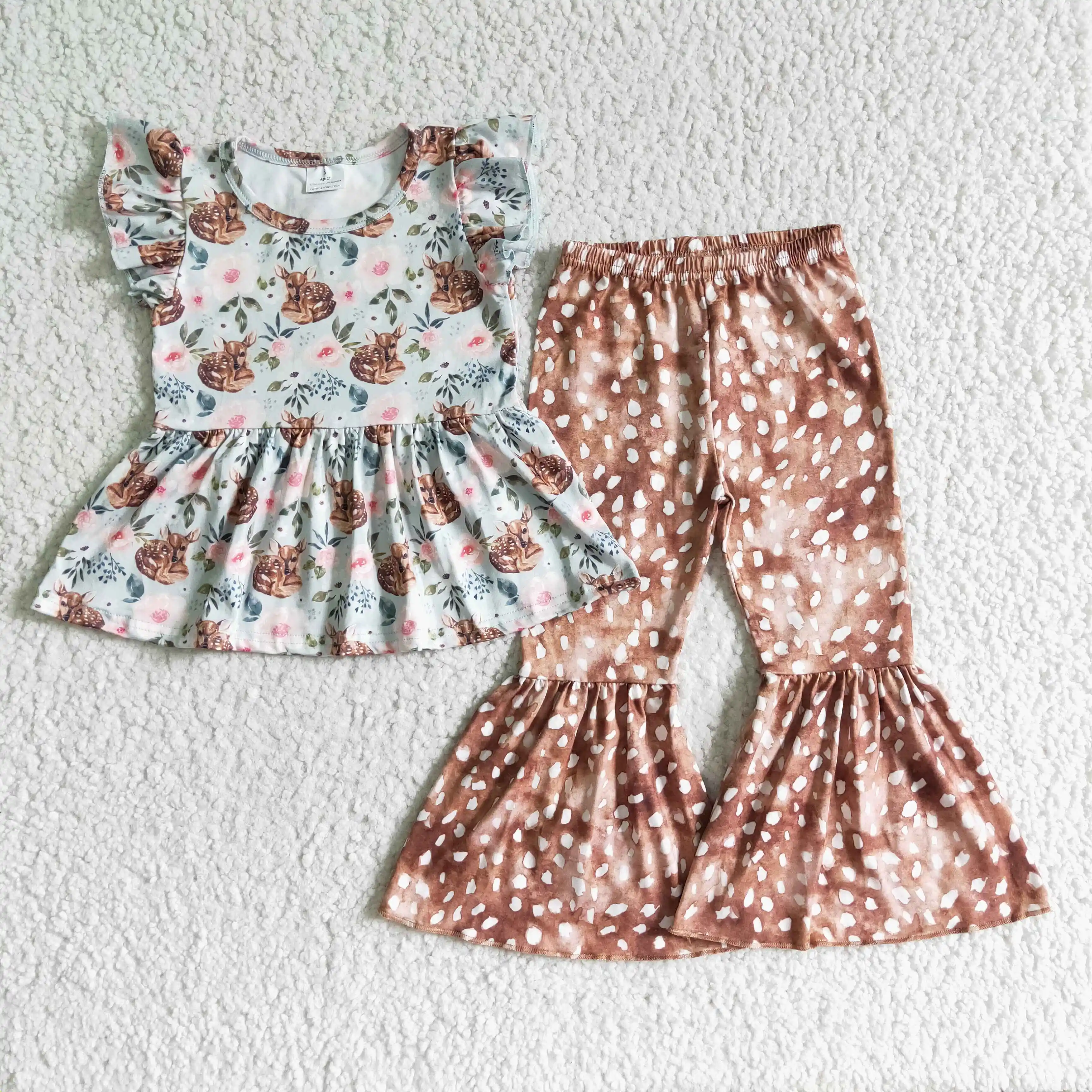 

wholesale little girl clothing set children clothes cute flutter sleeve top and bell bottom pant spring girl outfit set
