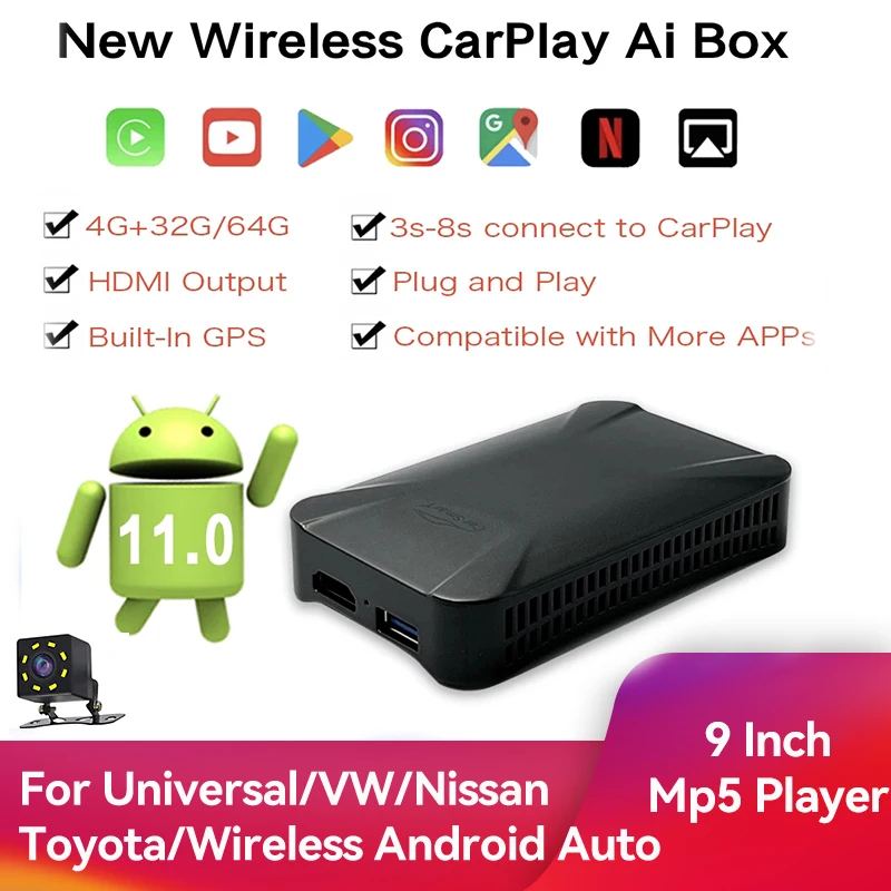 

New Wireless CarPlay Ai Box Android 11 Applepie 4+64G Android Auto Car Multimedia Plug Play Youtube Netfix For Benz Audi Nissan