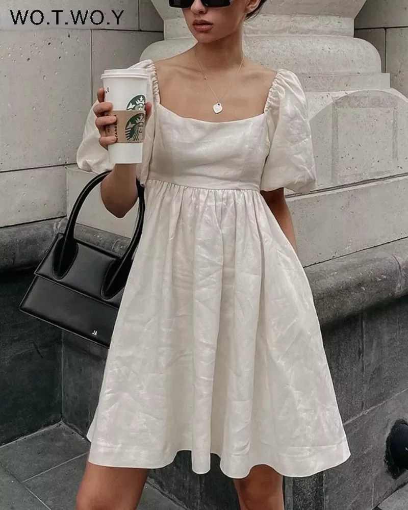 

WOTWOY Elegant Puff Sleeve Backless Mini Dress Women Square Neck High Waist Sexy Party Dresses Female Apricot Mujer 2022 Summer