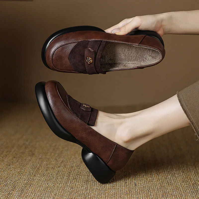 Phoentin Ретро дизайн глубокий рот платформа LoafersAutumn Зимние Туфли на среднем каблуке