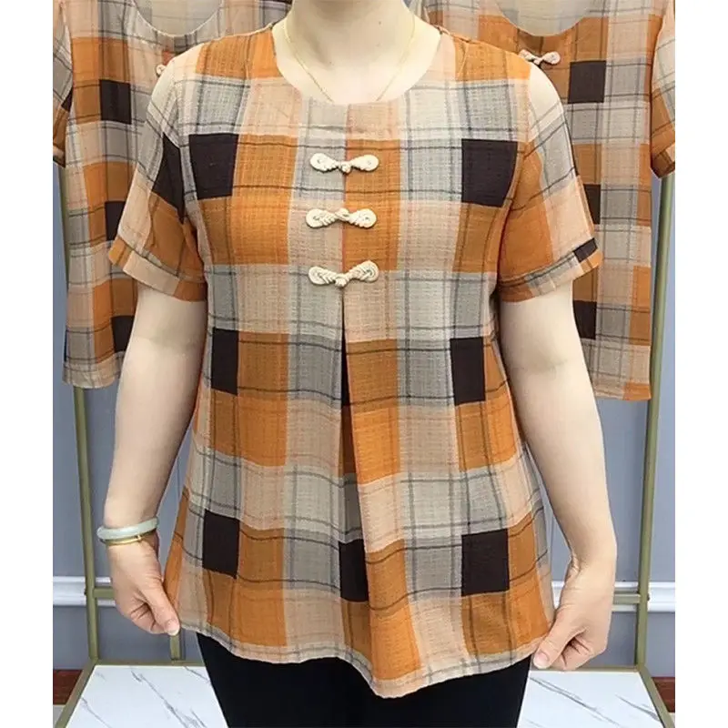 

Women Plaid Printed Casual Loose T-shirt Summer Oversized Vintage Korean Fashion Simple All-match Tops Ladies O-neck Chic Tees