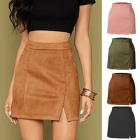 woman suede zipper bandage slim sexy mini autumn winter new korean high waist casual solid a line slits brown bodycon skirts