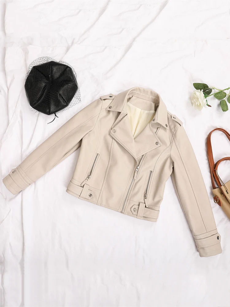 Women Faux Leather Jacket Beige Casual Slim Motorcycle Biker Leather Coat Female Punk Streetwear Spring Autumn Jackets
