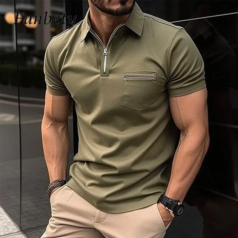 

High Quality Men's Business POLO Shirt Fashion Zip Breast Pocket Lapel Tops Summer Casual Men's Breathable Short Sleeve Pullover