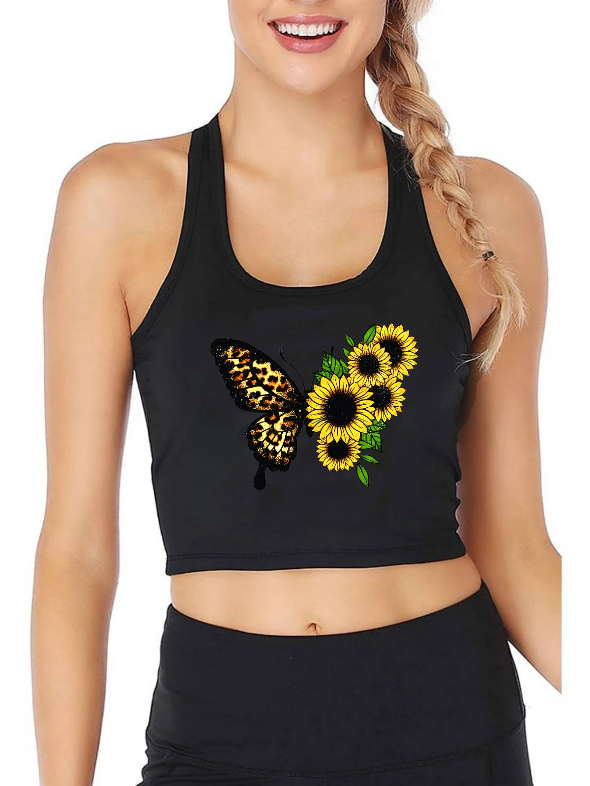 

Beautiful Sunflower Butterfly Design Sexy Slim Fit Crop Top Women's Streetwear Fashion Personality Tank Top Gym Fitness Camisole