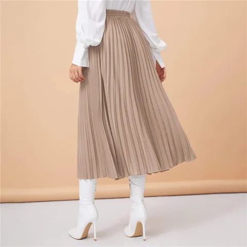 New Spring Summer Pleated Skirts  Fashion Solid Color High Waist Pleated A Line medium and long Skirt Luxury Ladies