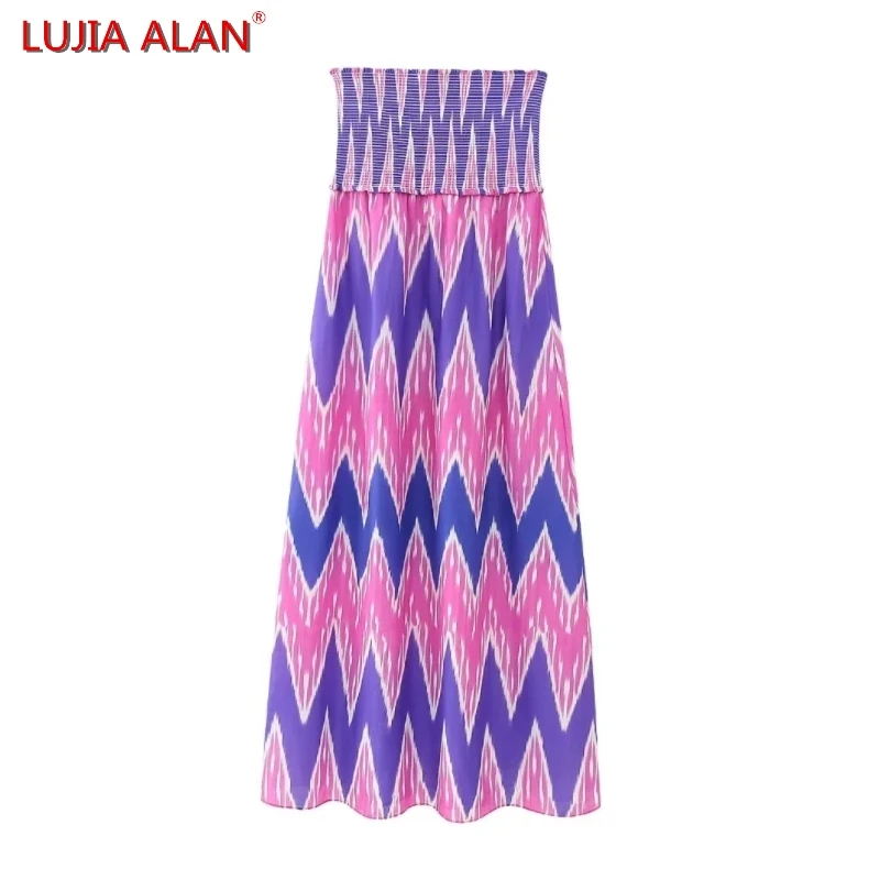 

Autumn New Women's Zigzag Printed Strapless Midi Dress Long Gown Female Casual Loose Vestidos LUJIA ALAN WD3055