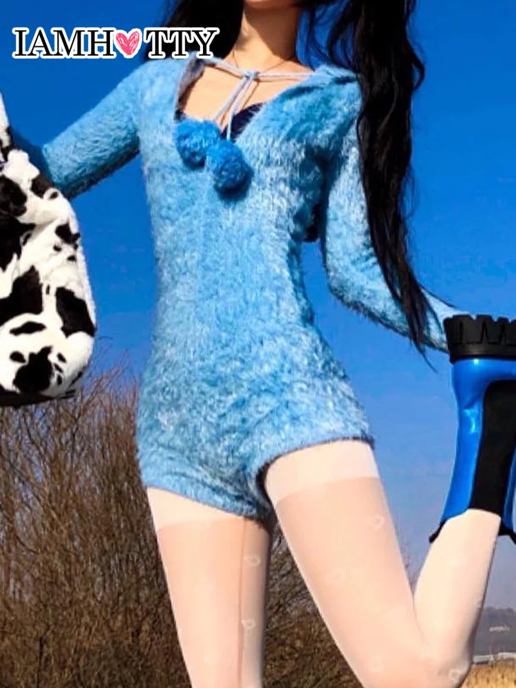 

Женский фланелевый комбинезон IAMHOTTY с меховым помпоном, милый комбинезон с капюшоном и шнуровкой, женский комбинезон с длинным рукавом, Осен...