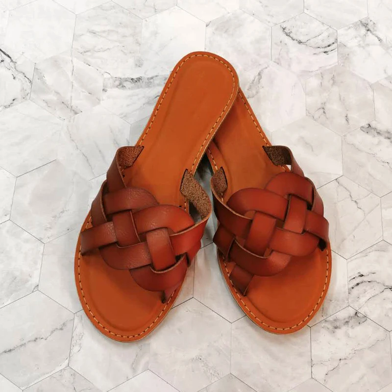 Women Leather Summer Sandals Shoes Retro Thin Straps Open Toe Beach Slides Flat with Woman Sandals Plus Size 41 Female Footwear