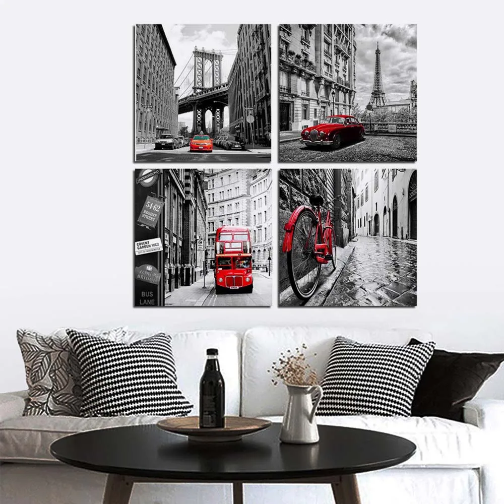 

Настенное художественное полотно, плакат, печать, французская башня, красная машина, черно-белая живопись на холсте, картина, офис, домашний ...