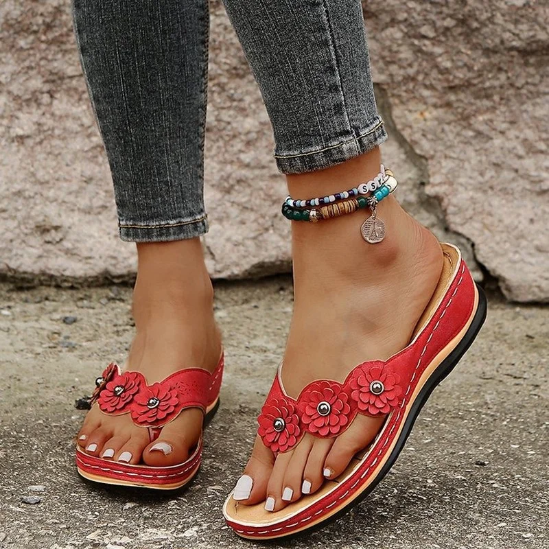 

Wedges Flip Flops Shoes for Women Summer Sandals Retro Casual Solid Color Flower Slippers Large Size Non-slip Ladies Shoes 2023