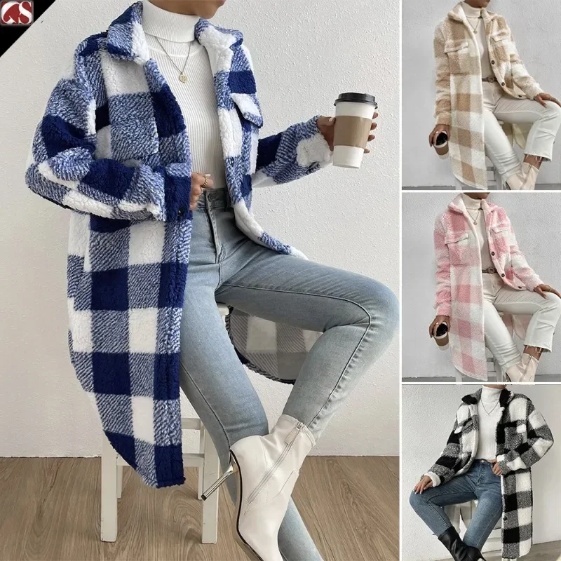 

Wepbel Lapel Plush Jackets Trench Women Long Sleeve Pockets Overcoats Outwear Plaid Keer Warm Coat Loose Long-Cut Trench Coat