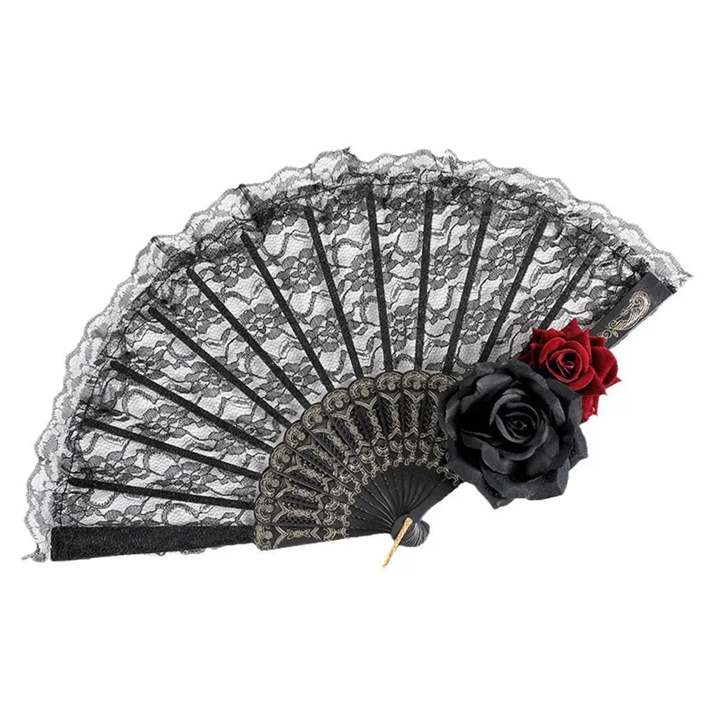 

Retro European Fan Victorian Female Lace Hand Fan Vintage Black White Red Rose Bamboo Fans Cosplay Halloween Party Supplies