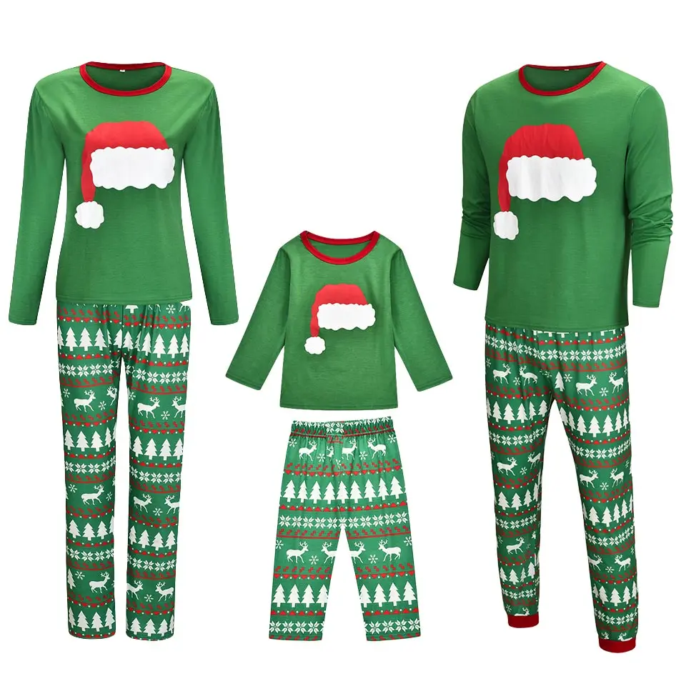 

New Winter Cotton Christmas Hat Print Family Matching Pajamas Set Dad Mom Daughter Nightwear New Year Adult Boys Girls Sleepwear