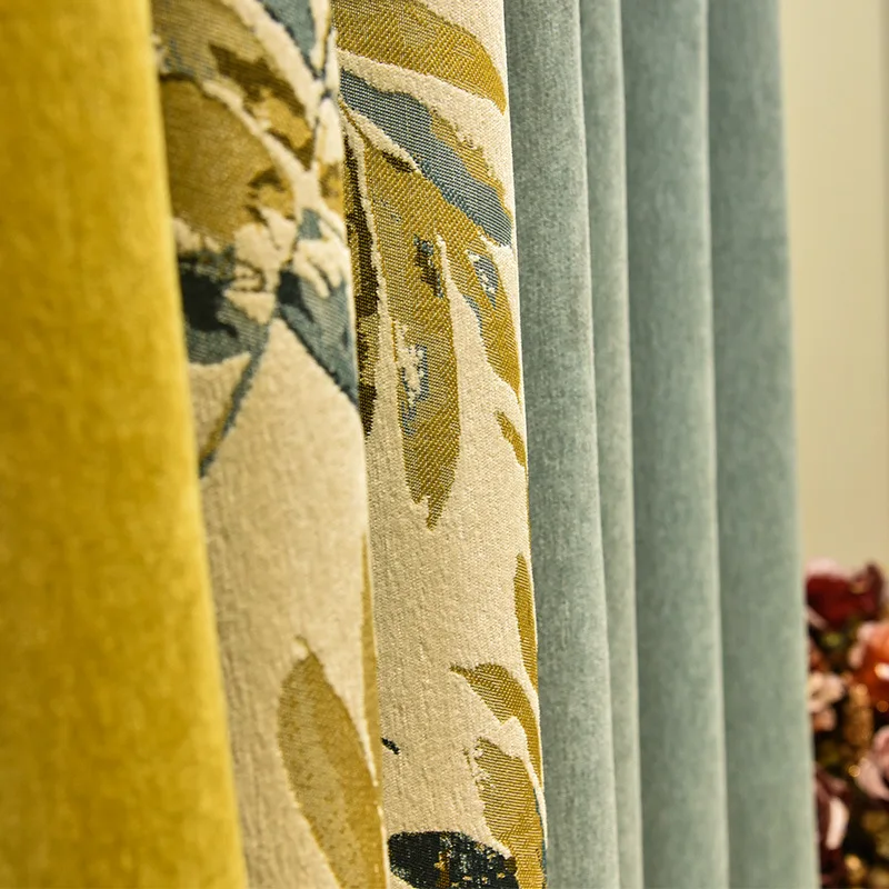 

Thickened Chenille Stitching Jacquard Shading Curtains for Living Dining Room Bedroom Colorblock Curtains Blackout Curtains