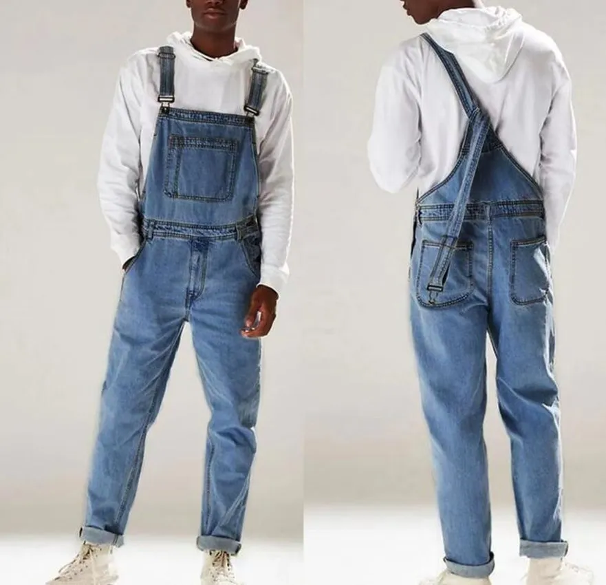 Stylish Mens Denim High-waisted Strap Overalls Jumpsuit Casual Pants High Street Pockets Jeans Fashion Jeans Male Plus Size