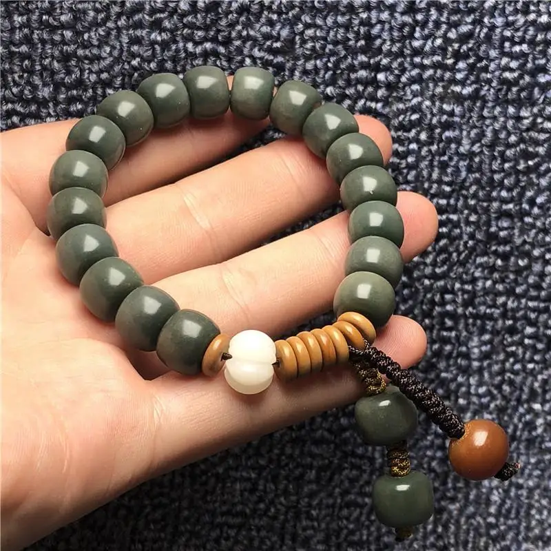 White Jade Bodhi Root Buddha Beads Bracelet Handheld Old Barrel Beads Gray Jade Yin Leather Green Bodhi Bracelet Beads