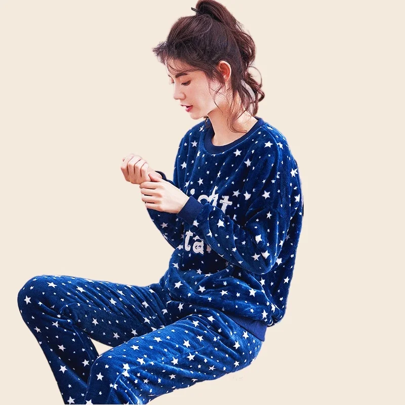 Women's Fashion Pajamas Set Flannel Pyjamas Star Print Homewear Full-Sleeve Long Pants 2Piece/Set Mom Cozy Winter Sleepwear