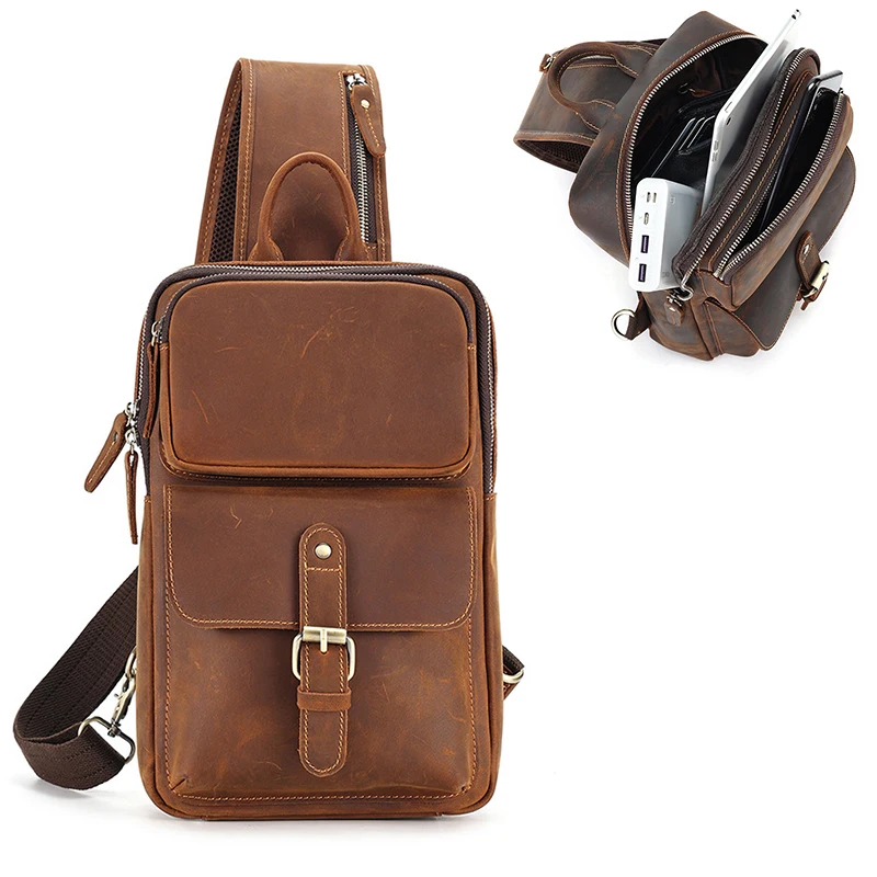 

Men Top Layer Cowhide Genuine Leather Shoulder Bags Crossbody Messenger Waterproof Chest Sling Bag Pack Travel Pack for Male