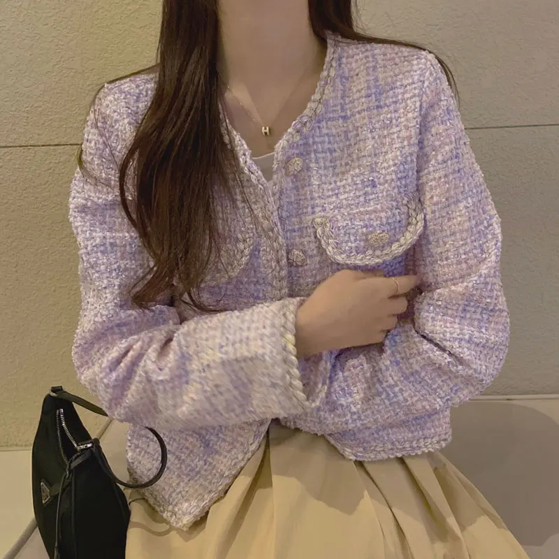 

Женский клетчатый блейзер с карманами, элегантный повседневный пурпурный твидовый пиджак в Корейском стиле, офисный пиджак на пуговицах дл...