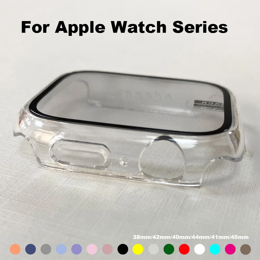 50pcs Full Cover For Apple Watch S7 6 5 4 Matte Plastic For Cars Hard Frame Case With Glass For iwatch S1 2 3 Protector