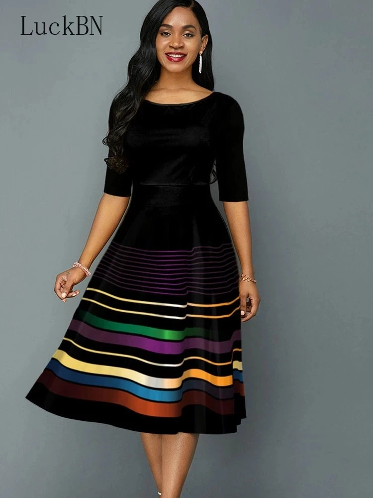 

Summer Elegant Big Hem Midi Dress Women Clothing 2022 New Casual Fashion O Neck Stripe Print Dresses Woman Party Dress Vestidos