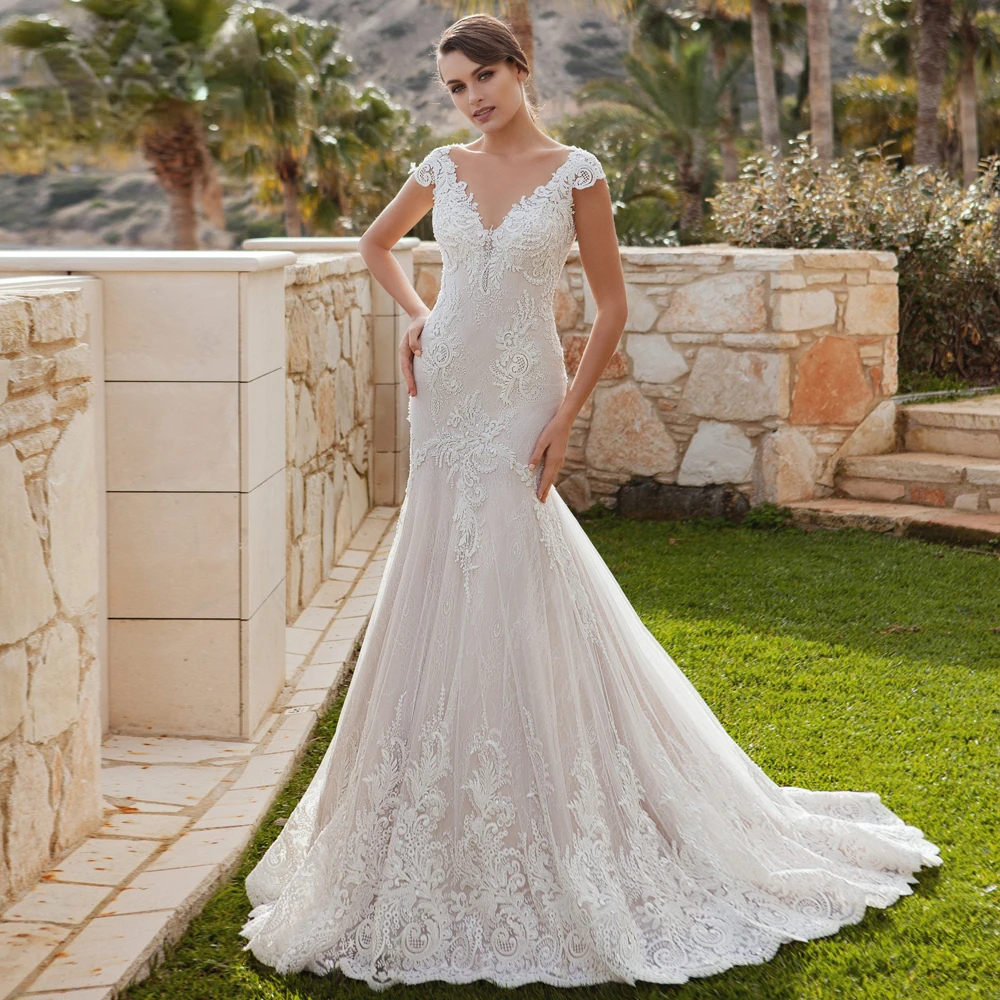 

Vestido De Noiva Sexy Illusion Lace Mermaid Wedding Dresses 2022 Appliques Beaded Cap Sleeve Court Train Bride Gown