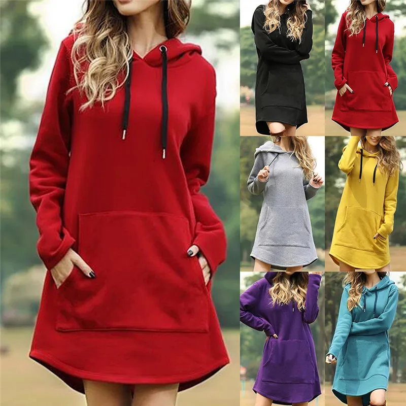 

Women's Long Hoodie Autumn and Winter Leisure Loose Pockets Pure Color Pullover Sweatshirt Dress