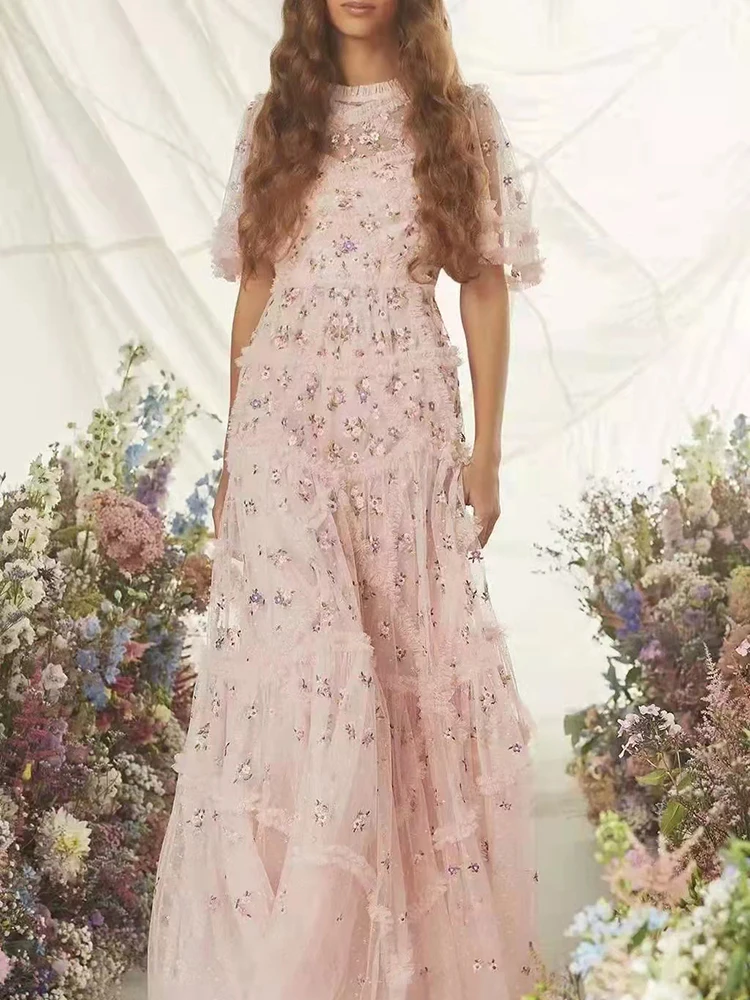 Подиумное 2022 Летнее Длинное платье из тюля для женщин розовое фиолетовое 3D