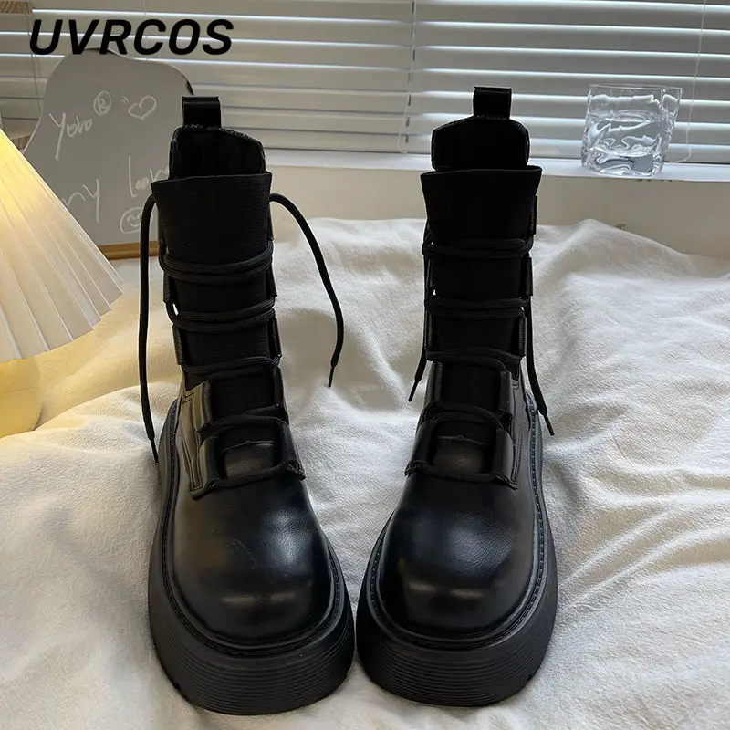 

Thick-heeled Short Boots Women Spring Autumn Single All-match Thick-soled Lace-up Elastic 2022 British Style