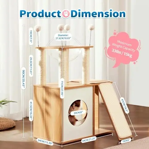 

Cat Tree for Indoor Cats, Modern Cat Tower Tall for Large Cats Kitten, Wood Kitty Condo Climbing Furniture Heavy Duty, Vesper Cu
