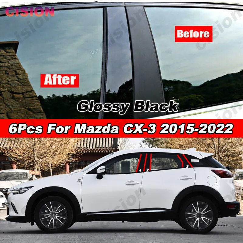 

For Mazda CX-3 CX3 2015-2022 6x Car Door Window Column BC Pillar Post Cover Trim Carbon Black Mirror Effect PC Material Sticker