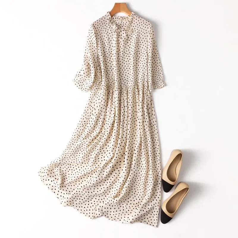 

Thin See Though Dress Women Natural Silk Summer 2022 Vintage Mid-Calf Three Quarter Sleeve DOT Natural Factors Pullover