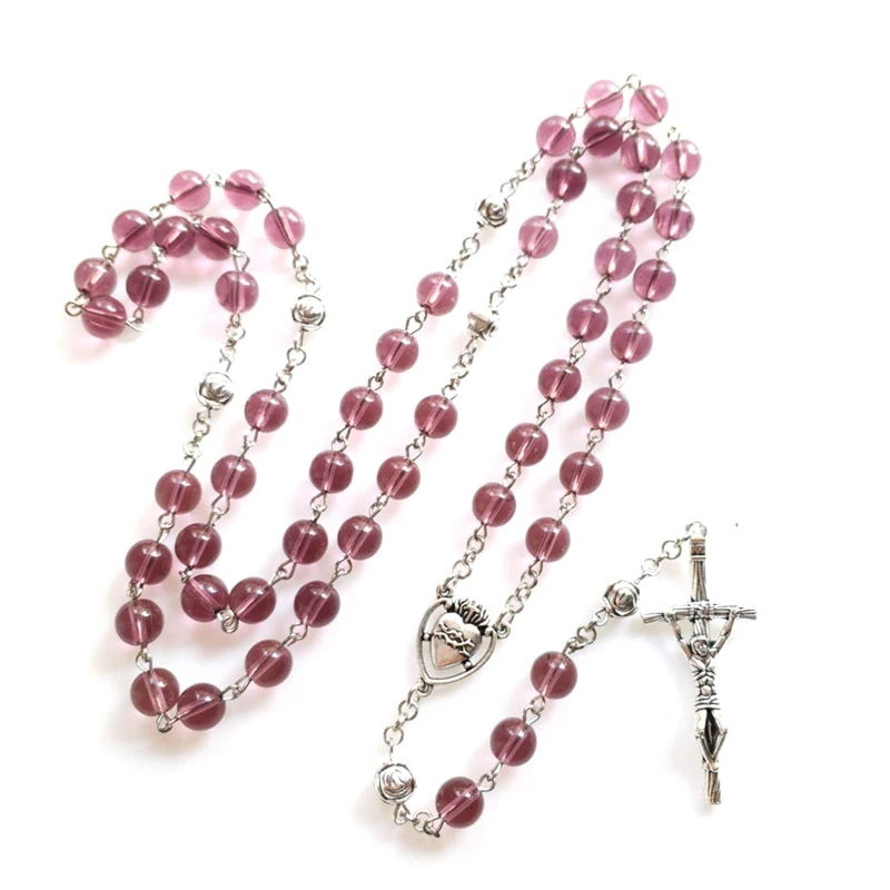 

Round Beads Glass Necklace with Vintage Rose & Crucifix for Women Men Gift