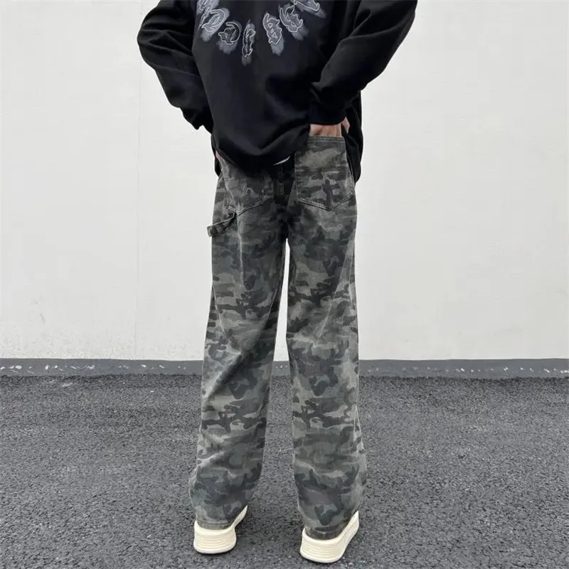 Джинсы-карго мужские камуфляжные прямые штаны свободные брюки с пуговицами и