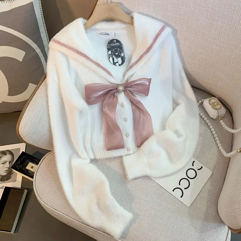 

Women 3D Bowtie Knitting Cardigan Autumn Sailor Collar Mohair Sweater Coat Loose Soft Thin Short Outerwear Knitwear Jumpers Tops