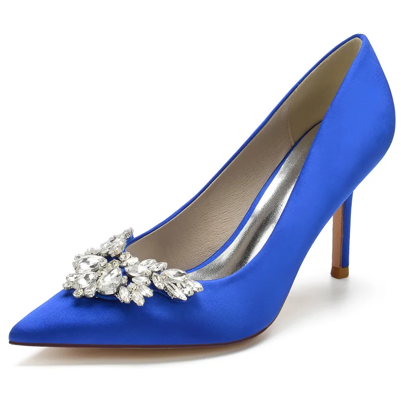 Rhinestones Satin Wedding Bridal Heels Shoes Pointed Toe Stiletto Pumps for Prom/Evening/Cocktail/Bridesmaid/Mother of Bride