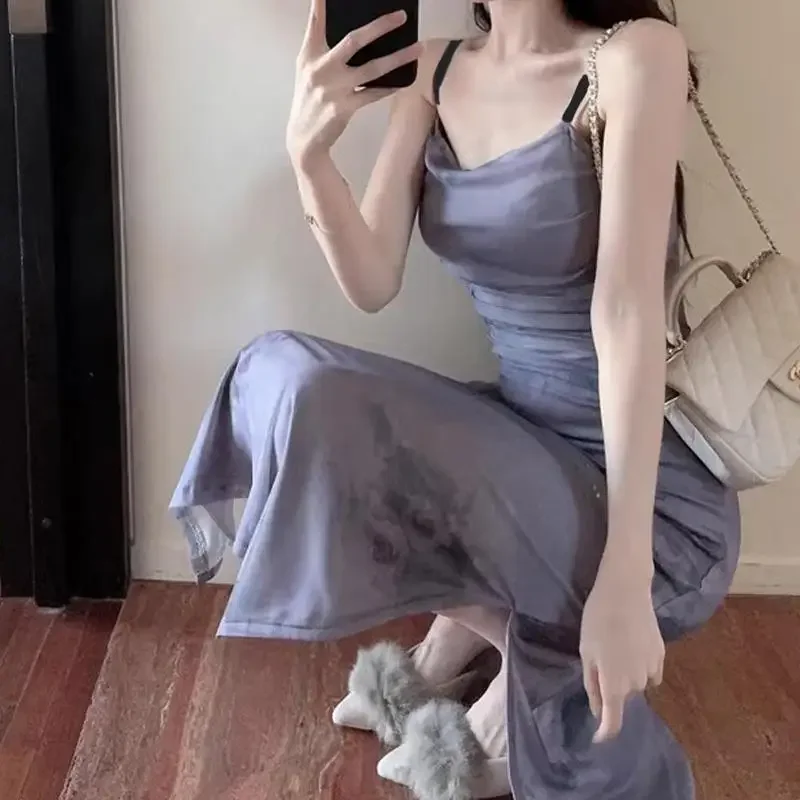 French Style Tank Dress Summer New Flower Tie Pleated Sexy Slims Smooths Your Silhouette Slimming Side Slit Long For Women