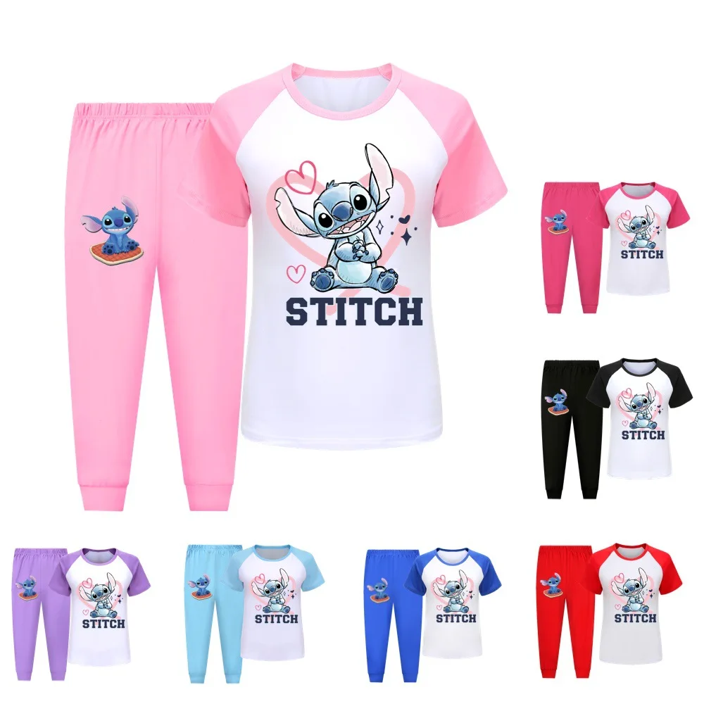 

Disney Summer Stitch Cartoon Print Casual Comfortable Boys and Girls Short Sleeve Trousers Pajama Set