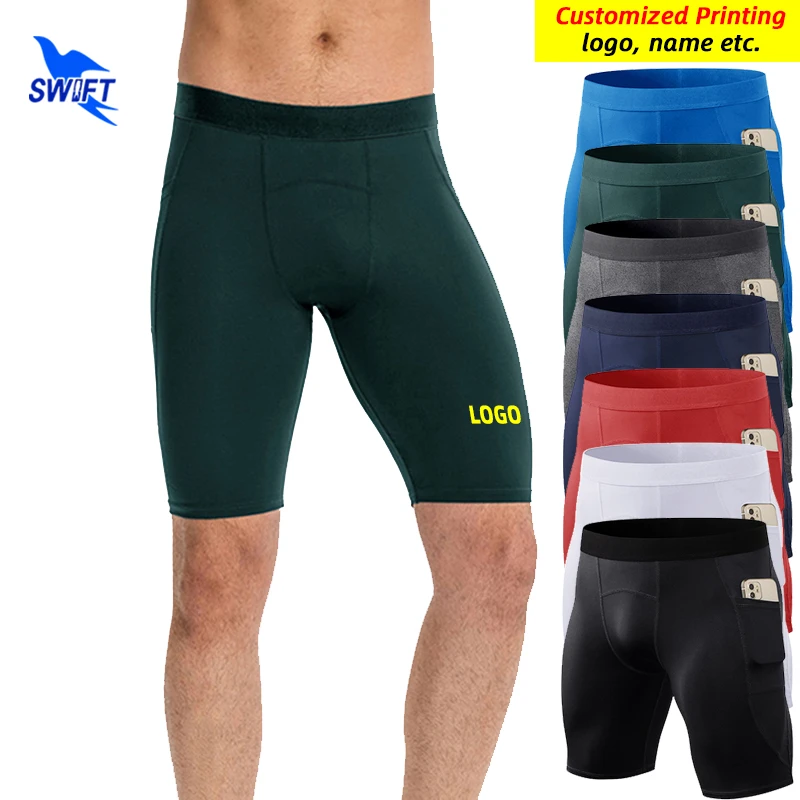 Customize LOGO Summer Men Quick Dry Short Running Leggings with Pocket Elastic Sports Tights Gym Fitness Shorts Male Underwear