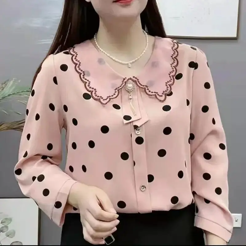 Женская блузка в горошек Повседневная рубашка оверсайз с воротником Питер Пэн и