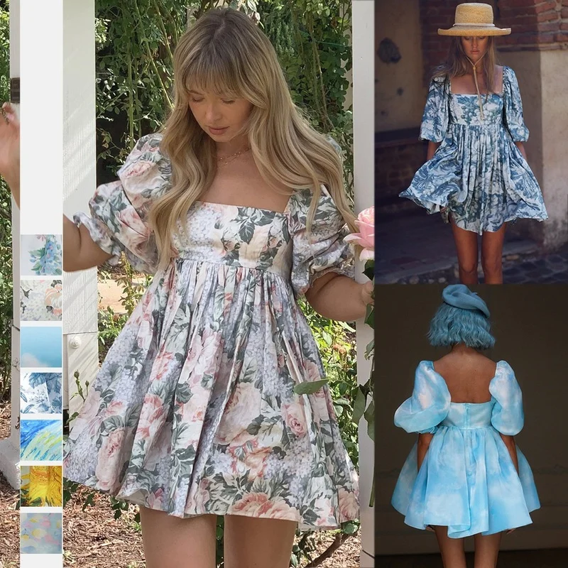 

Spring Summer New Digital Print Dress Square Neck Lantern Short Sleeve Wome's Dress Open Back Puffy French Princess Dresses 2022