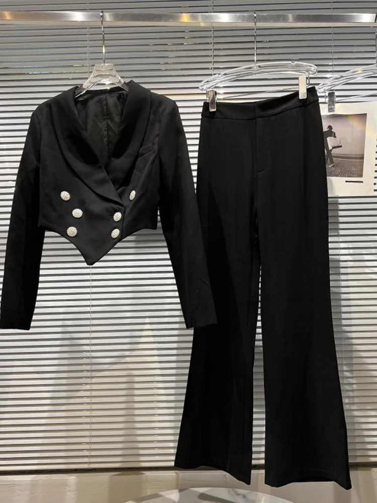 HIGH STREET Newest 2022 Fall Winter Designer Runway Suit Set Women's Diamonds Buttons Blazer Jacket  Flare Pants Suit