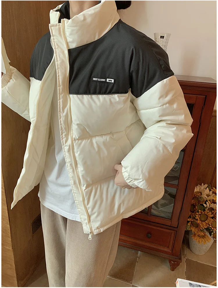 

2023 winter Korean style design sense splicing contrast color zipper cotton coat women's loose and thin bread coat cotton coat