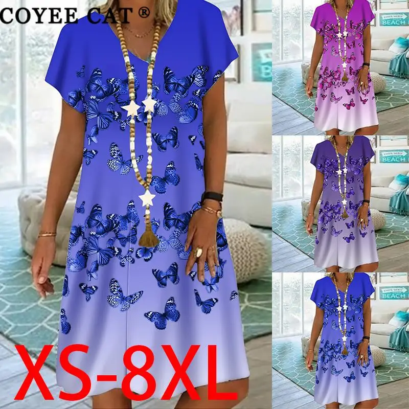

Printed Gradient Summer Short-sleeved Dress Loose Casual Women's Summer Mid-length Dress Plus Size XS-8XL