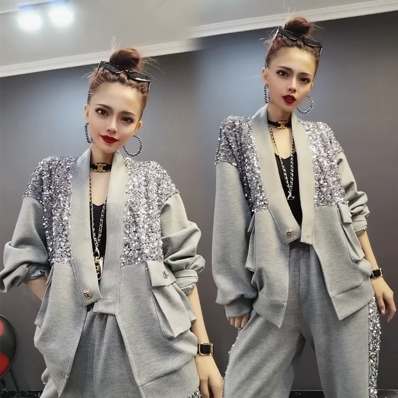 

Женский спортивный костюм из двух предметов, Свободное пальто и брюки с блестками