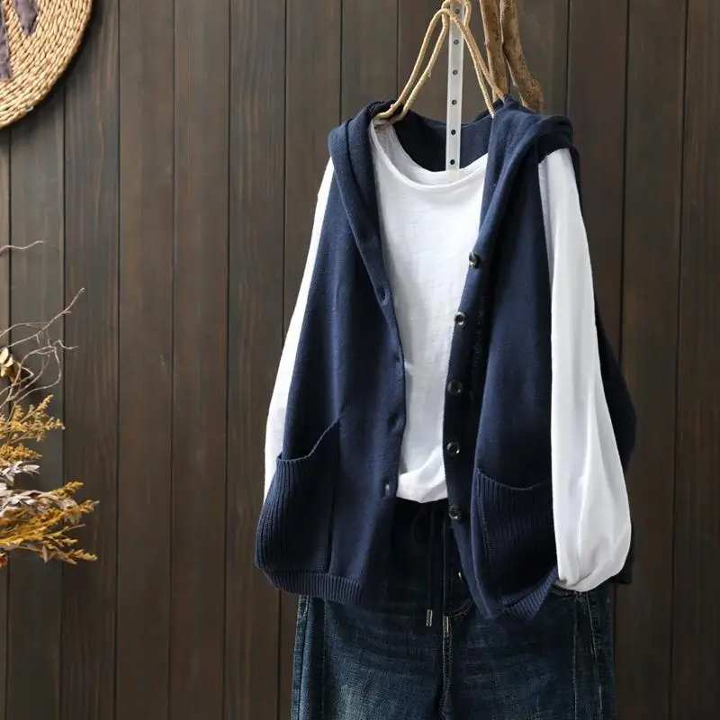 

Vintage Simple Single Breasted Sleeveless Loose Street Hooded Knitted Sweater Vest Women Korean Casual Pockets Outewear Cardigan