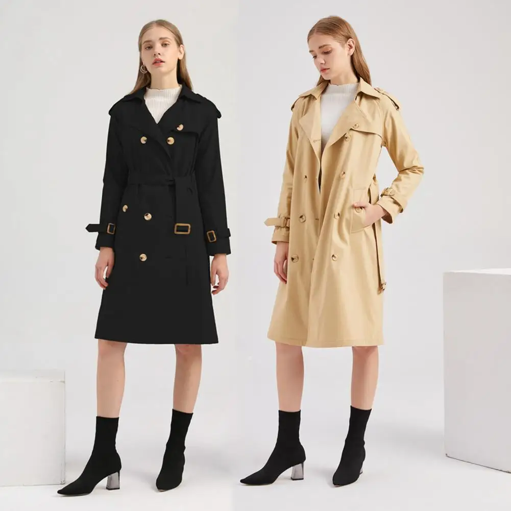 

Trench Coat Loose Solid Color Long Sleeves Double-breasted 6 Sizes Knee Length Tight Waist Winter Jacket abrigos mujer invierno