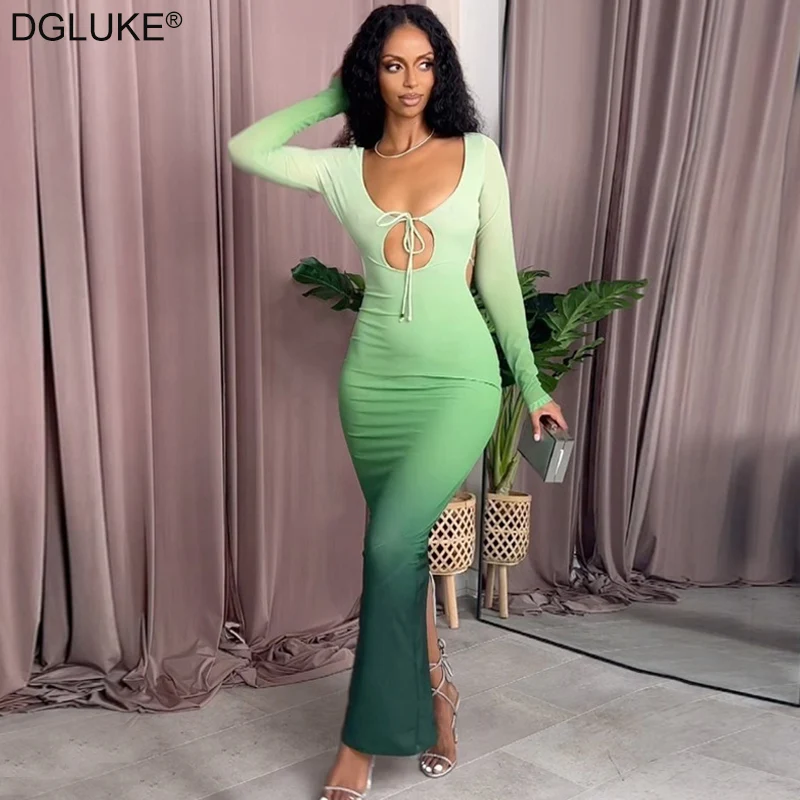 

Gradient Color Long Sleeve Maxi Dress Cut Out Backless Long Dresses For Women Autumn Winter Ruched Bodycon Party Dress